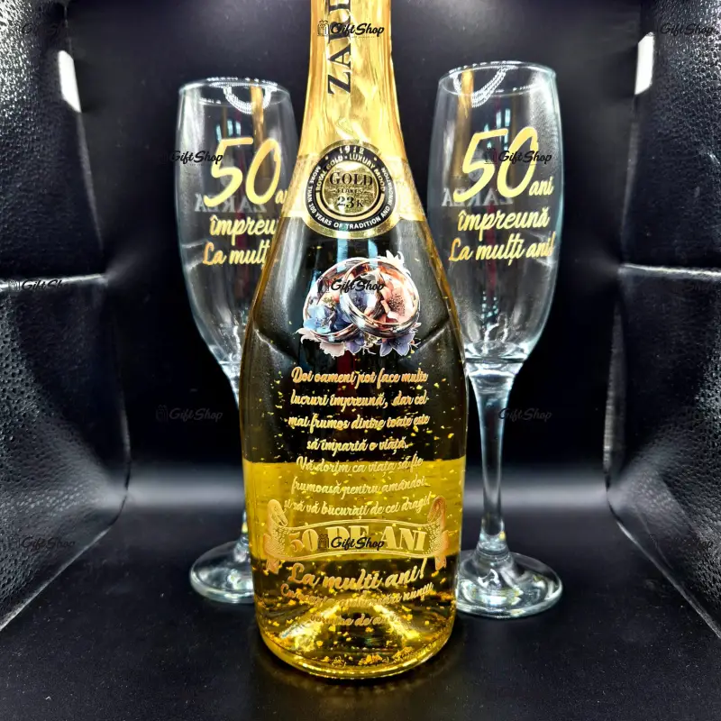 Aniversare 50 ani casatorie, pachet pentru cadou zarea ceremony royal gold 23k alb 0.75l cu 2 pahare personalizat